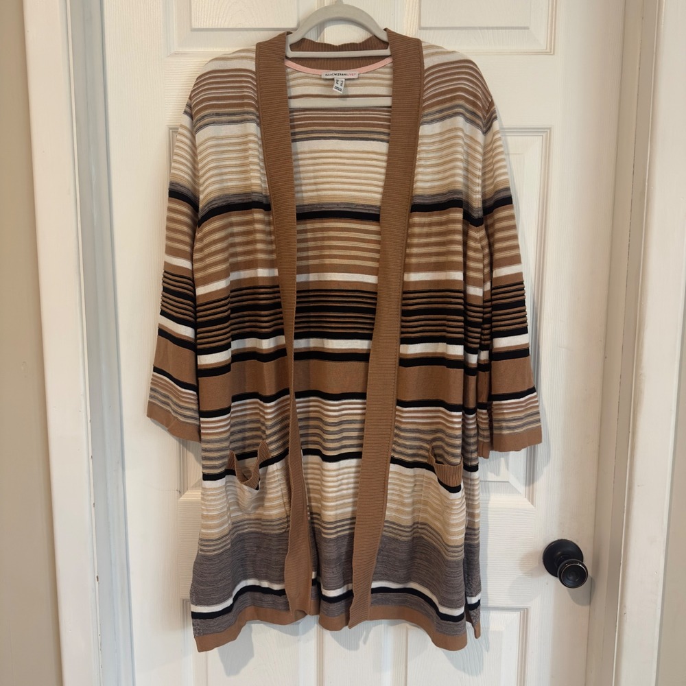 Isaac Mizrahi Live Womens Brown Striped Open Front Cardigan Size Large Pockets